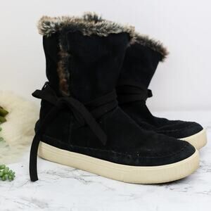 Toms Vista Black Suede Leather Faux Fur Lined Pull On Winter Boots 8.5 women's